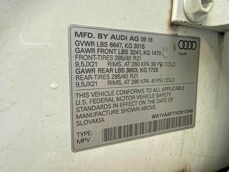 Продаж на аукціоні авто 2019 Audi Q7, vin: WA1VAAF77KD012049, номер лоту: 49025036