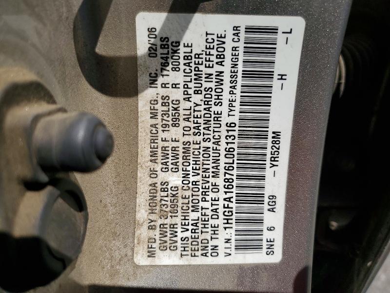 50301936 :رقم المزاد ، 1HGFA16876L061316 vin ، 2006 Honda Civc مزاد بيع