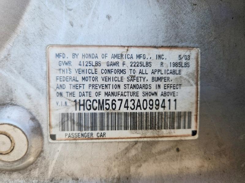 Продаж на аукціоні авто 2003 Honda Accord, vin: 1HGCM56743A099411, номер лоту: 50901106