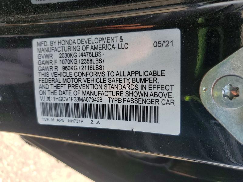 51653246 :رقم المزاد ، 1HGCV1F33MA079428 vin ، 2021 Honda Accord مزاد بيع