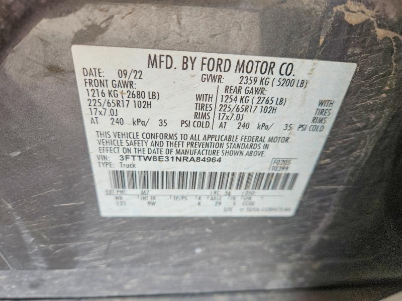 2022 Ford Maverick მანქანა იყიდება აუქციონზე, vin: 3FTTW8E31NRA84964, აუქციონის ნომერი: 50515646