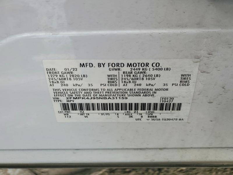 51676446 :رقم المزاد ، 2FMPK4J95NBA31159 vin ، 2022 Ford Edge مزاد بيع