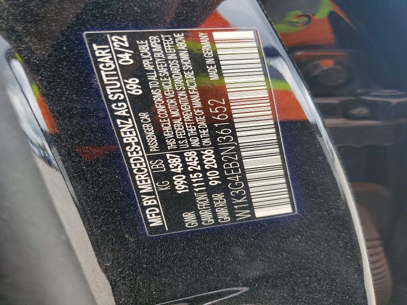 Aukcja sprzedaży 2022 Mercedes-benz A, vin: W1K3G4EB2NJ361652, numer aukcji: 51341006