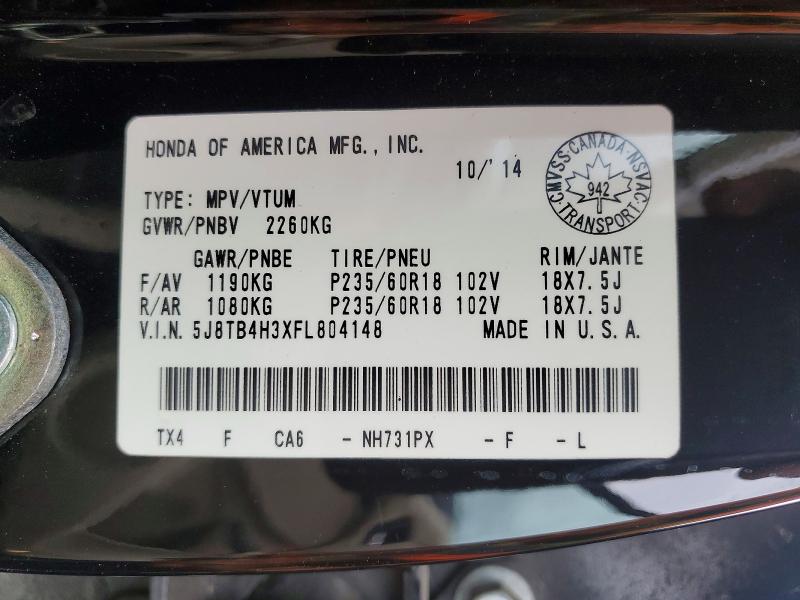 50190626 :رقم المزاد ، 5J8TB4H3XFL804148 vin ، 2015 Acura Rdx مزاد بيع