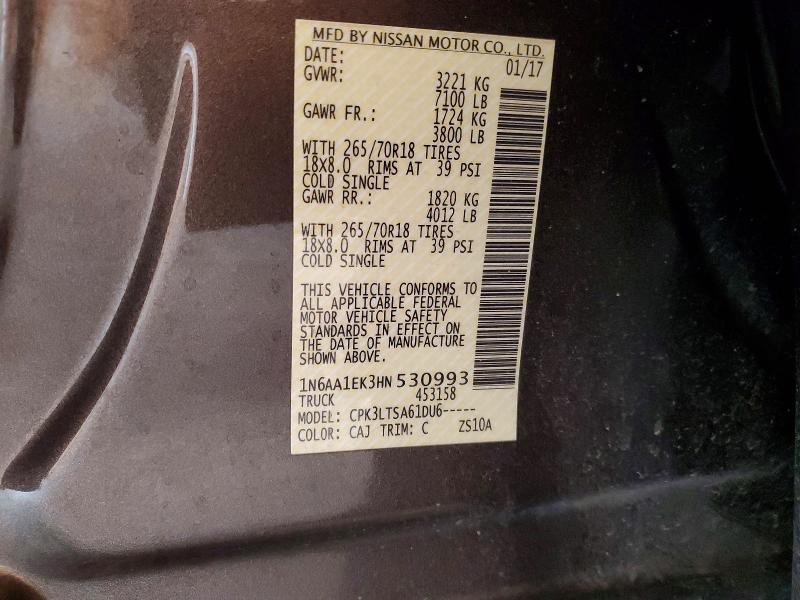 2017 Nissan Titan მანქანა იყიდება აუქციონზე, vin: 1N6AA1EK3HN530993, აუქციონის ნომერი: 51821316
