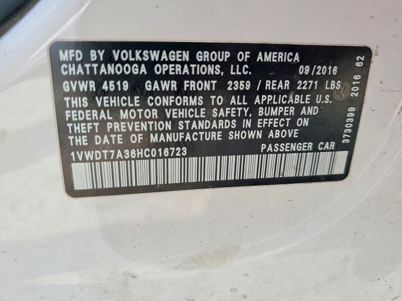 Aukcja sprzedaży 2017 Volkswagen Passat, vin: 1VWDT7A36HC016723, numer aukcji: 50962956