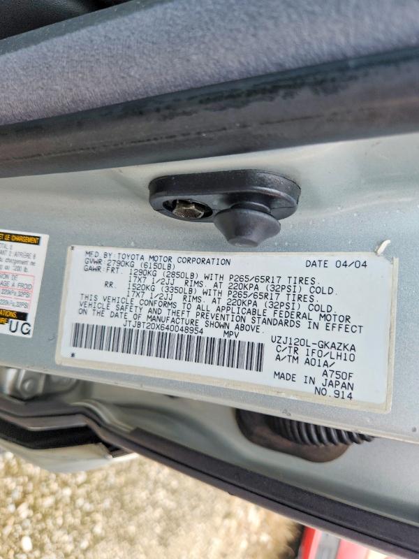 Aukcja sprzedaży 2004 Lexus Gx, vin: JTJBT20X640048954, numer aukcji: 50016206