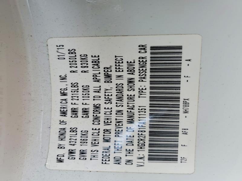 2015 Honda Accord მანქანა იყიდება აუქციონზე, vin: 1HGCR2F81FA111351, აუქციონის ნომერი: 50133426