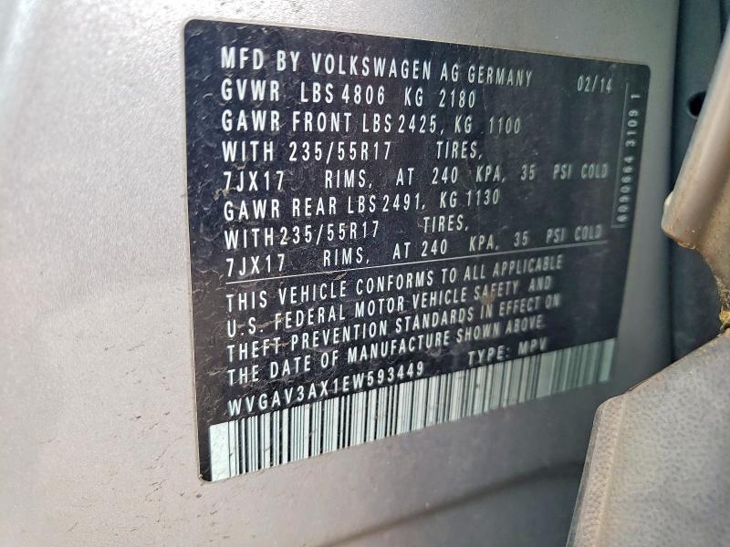 Auction sale of the 2014 Volkswagen Tiguan, vin: WVGAV3AX1EW593449, lot number: 51367596