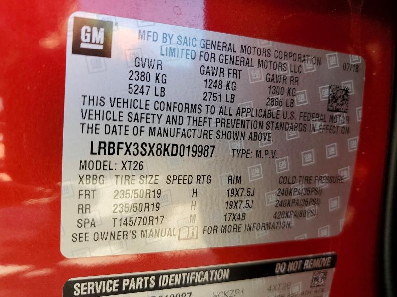 50444046 :رقم المزاد ، LRBFX3SX8KD019987 vin ، 2019 Buick Envision مزاد بيع