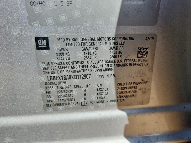Aukcja sprzedaży 2019 Buick Envision, vin: LRBFX1SA0KD112907, numer aukcji: 50743076