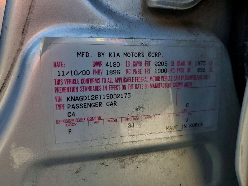 2001 Kia Optima მანქანა იყიდება აუქციონზე, vin: KNAGD126115032175, აუქციონის ნომერი: 48931546