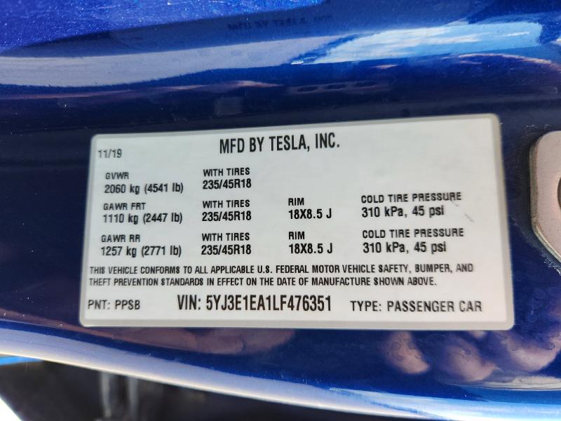 Aukcja sprzedaży 2020 Tesla Model 3, vin: 5YJ3E1EA1LF476351, numer aukcji: 47951326