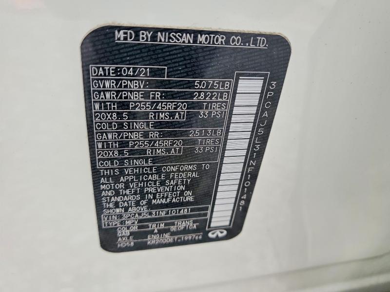 50312426 :رقم المزاد ، 3PCAJ5L31NF101481 vin ، 2022 Infiniti Qx55 مزاد بيع