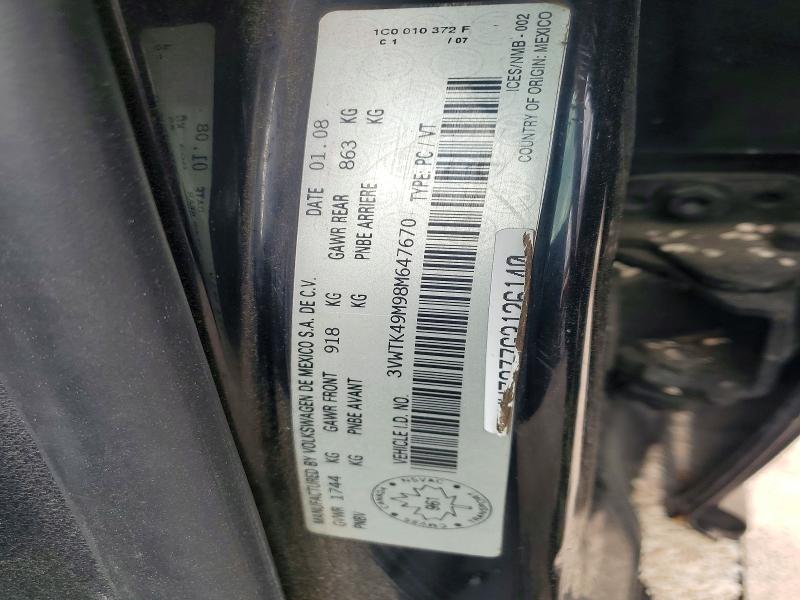 49781956 :رقم المزاد ، 3VWTK49M98M647670 vin ، 2008 Volkswagen City Jetta مزاد بيع