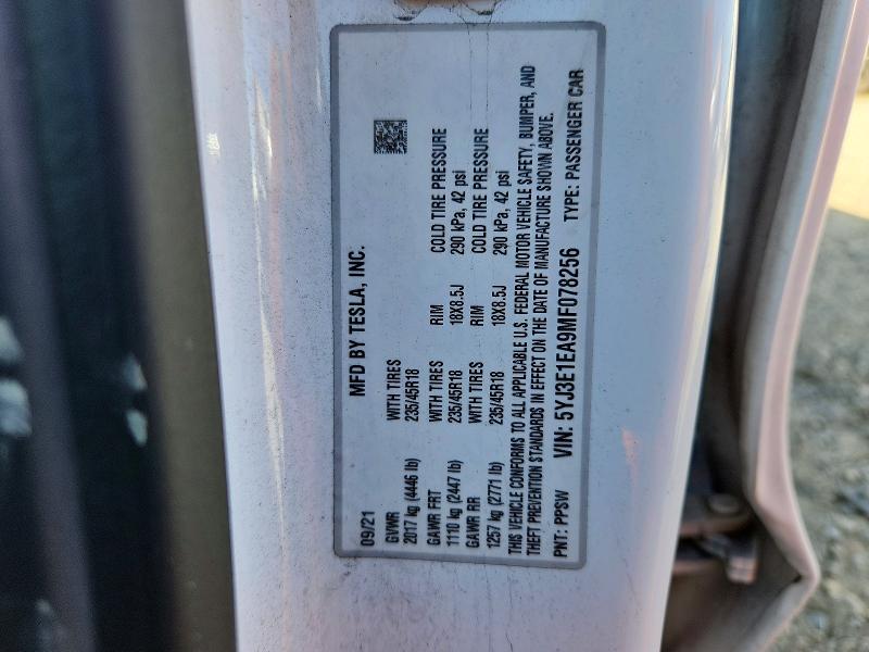 50500166 :رقم المزاد ، 5YJ3E1EA9MF078256 vin ، 2021 Tesla Model 3 مزاد بيع