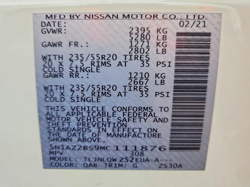 2021 Nissan Murano მანქანა იყიდება აუქციონზე, vin: 5N1AZ2BS9MC111876, აუქციონის ნომერი: 51900456