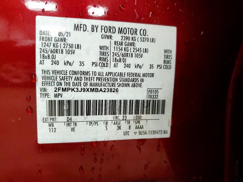 50389146 :رقم المزاد ، 2FMPK3J9XMBA23826 vin ، 2021 Ford Edge مزاد بيع