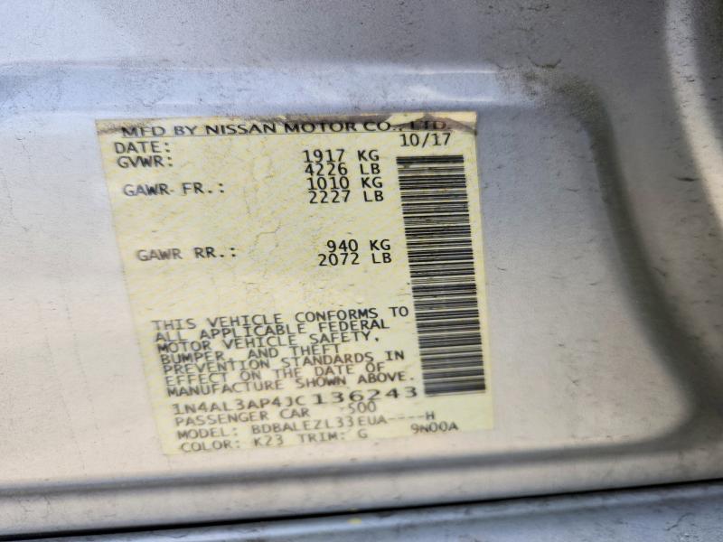 2018 Nissan Altima მანქანა იყიდება აუქციონზე, vin: 1N4AL3AP4JC136243, აუქციონის ნომერი: 49625316
