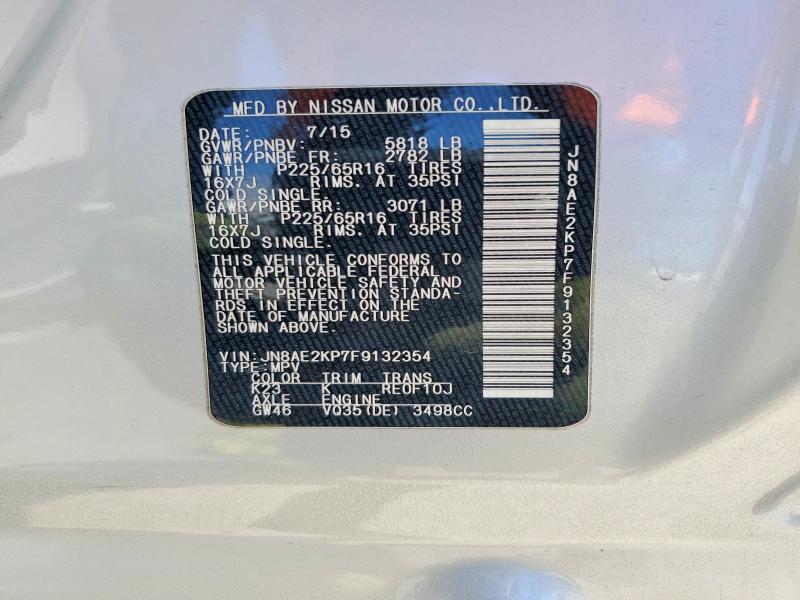 51999986 :رقم المزاد ، JN8AE2KP7F9132354 vin ، 2015 Nissan Quest مزاد بيع