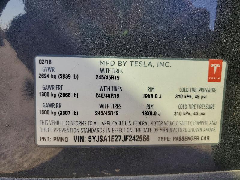 49656526 :رقم المزاد ، 5YJSA1E27JF242566 vin ، 2018 Tesla Model S مزاد بيع