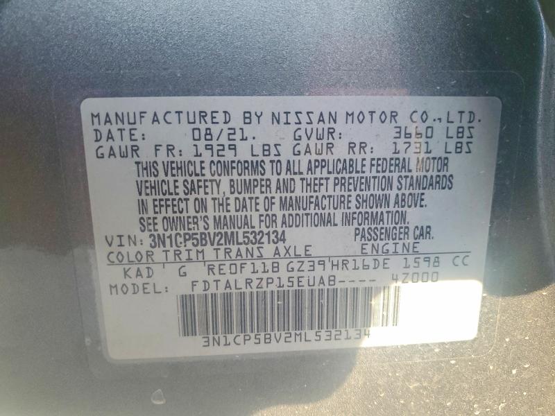 49009086 :رقم المزاد ، 3N1CP5BV2ML532134 vin ، 2021 Nissan Kicks مزاد بيع