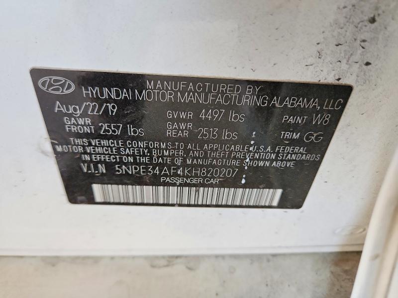2019 Hyundai Sonata მანქანა იყიდება აუქციონზე, vin: 5NPE34AF4KH820207, აუქციონის ნომერი: 50190716