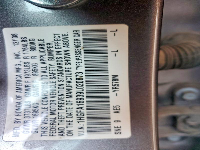 50626936 :رقم المزاد ، 1HGFA16939L020873 vin ، 2009 Honda Civic مزاد بيع