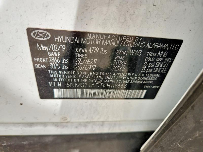 Aukcja sprzedaży 2019 Hyundai Santa Fe, vin: 5NMS23AD3KH119668, numer aukcji: 50242306