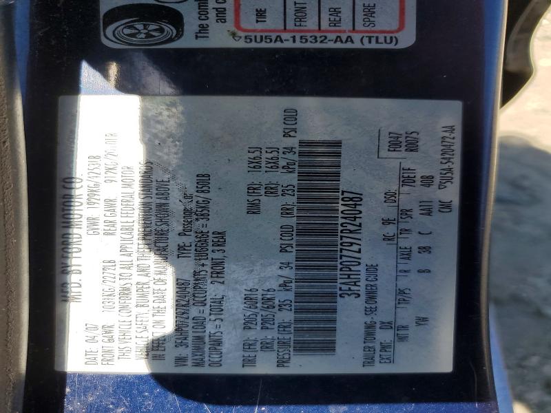 2007 Ford Fusion მანქანა იყიდება აუქციონზე, vin: 3FAHP07Z97R240487, აუქციონის ნომერი: 49029096