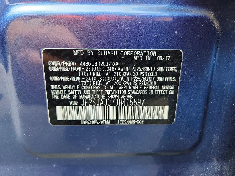 2018 Subaru Forester მანქანა იყიდება აუქციონზე, vin: JF2SJAJC7JH415597, აუქციონის ნომერი: 50959656