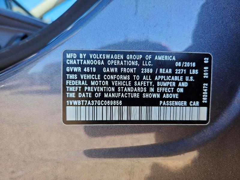 2016 Volkswagen Passat მანქანა იყიდება აუქციონზე, vin: 1VWBT7A37GC069856, აუქციონის ნომერი: 48630586