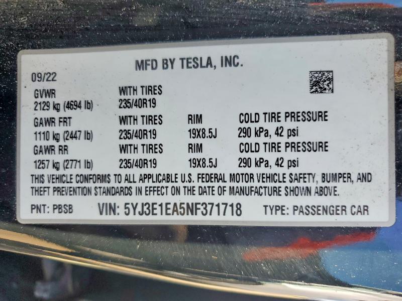 Aukcja sprzedaży 2022 Tesla Model 3, vin: 5YJ3E1EA5NF371718, numer aukcji: 51406516