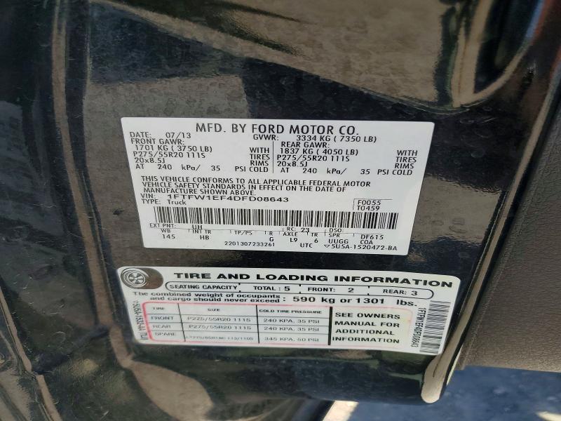 49673706 :رقم المزاد ، 1FTFW1EF4DFD08643 vin ، 2013 Ford F150 مزاد بيع