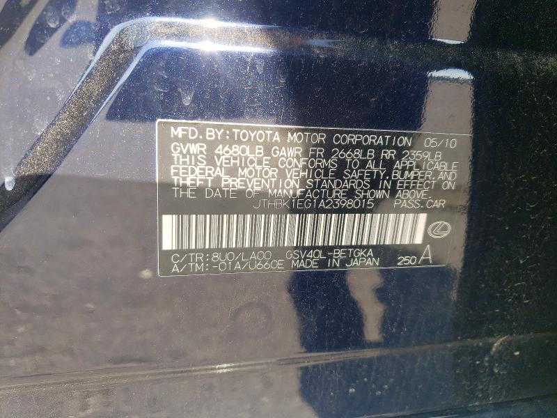 50908706 :رقم المزاد ، JTHBK1EG1A2398015 vin ، 2010 Lexus Es مزاد بيع