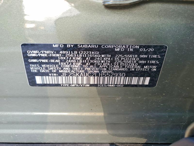 2020 Subaru Forester მანქანა იყიდება აუქციონზე, vin: JF2SKAUC2LH552930, აუქციონის ნომერი: 48834596