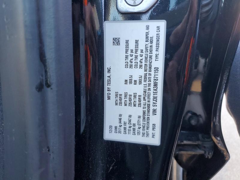 2021 Tesla Model 3 მანქანა იყიდება აუქციონზე, vin: 5YJ3E1EA3MF871150, აუქციონის ნომერი: 48706226
