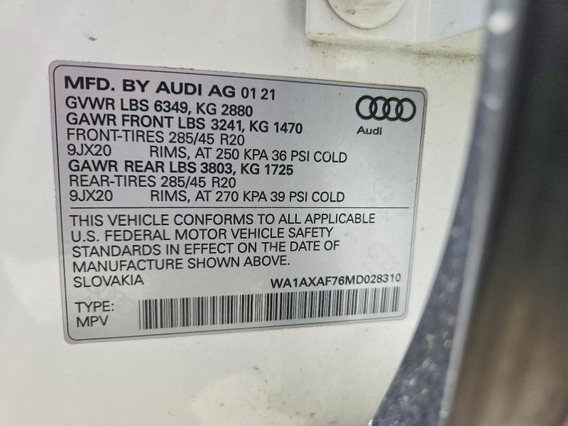 2021 Audi Q7 მანქანა იყიდება აუქციონზე, vin: WA1AXAF76MD028310, აუქციონის ნომერი: 48537406