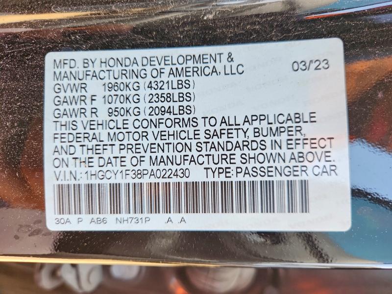 51437586 :رقم المزاد ، 1HGCY1F38PA022430 vin ، 2023 Honda Accord مزاد بيع