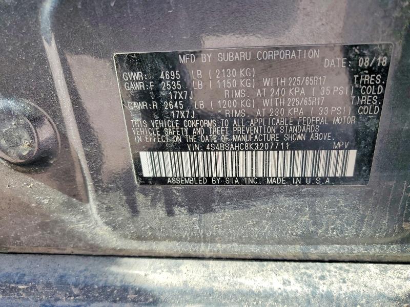 49713546 :رقم المزاد ، 4S4BSAHC8K3207711 vin ، 2019 Subaru Outback مزاد بيع