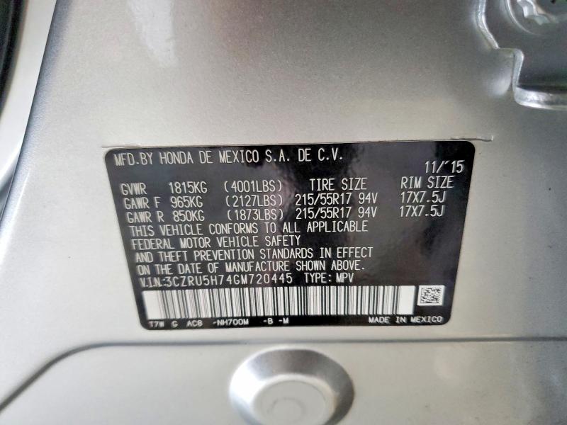 49576606 :رقم المزاد ، 3CZRU5H74GM720445 vin ، 2016 Honda Hr-v مزاد بيع