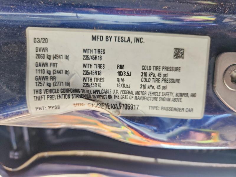 49399166 :رقم المزاد ، 5YJ3E1EAXLF705917 vin ، 2020 Tesla Model 3 مزاد بيع