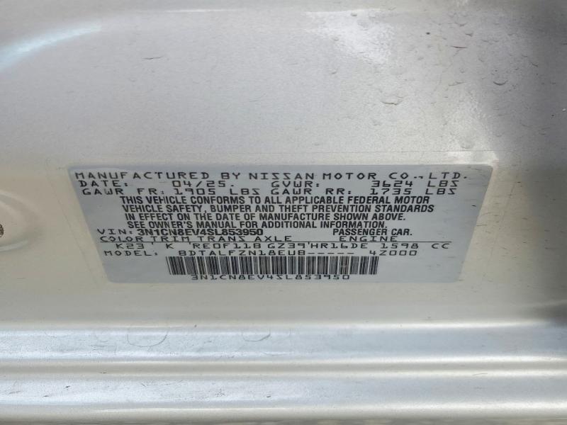 2025 Nissan Versa მანქანა იყიდება აუქციონზე, vin: 3N1CN8EV4SL853950, აუქციონის ნომერი: 50090236