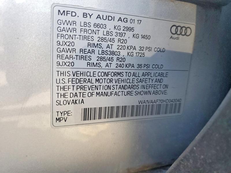 Продаж на аукціоні авто 2017 Audi Q7, vin: WA1VAAF70HD043040, номер лоту: 48956806