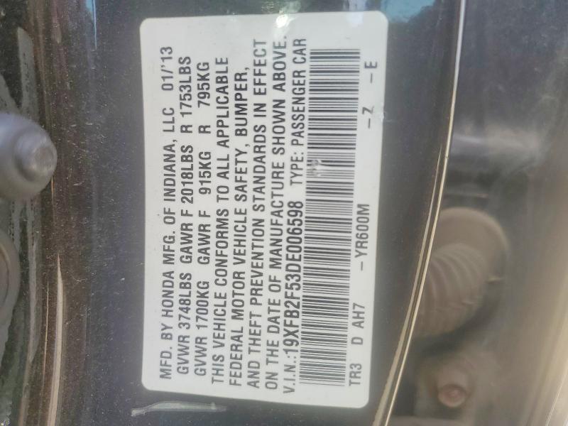 51077076 :رقم المزاد ، 19XFB2F53DE006598 vin ، 2013 Honda Civic مزاد بيع