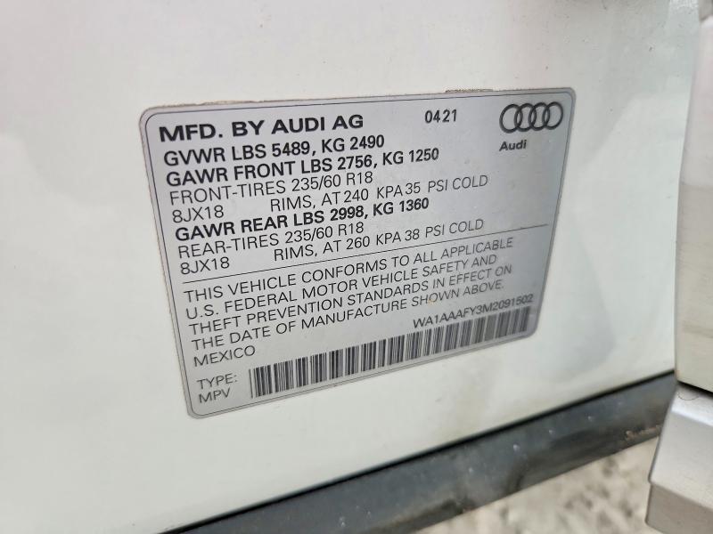 2021 Audi Q5 მანქანა იყიდება აუქციონზე, vin: WA1AAAFY3M2091502, აუქციონის ნომერი: 50645586