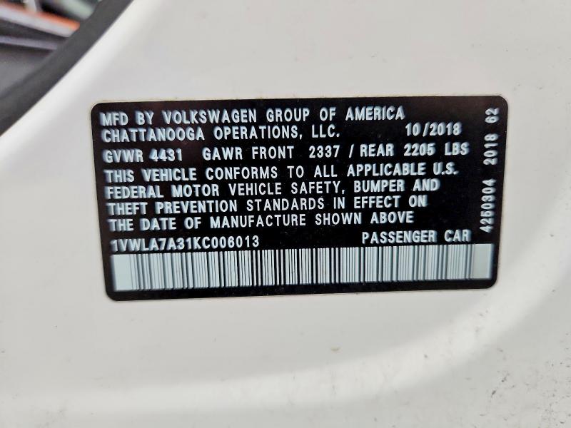 2019 Volkswagen Passat მანქანა იყიდება აუქციონზე, vin: 1VWLA7A31KC006013, აუქციონის ნომერი: 49564926