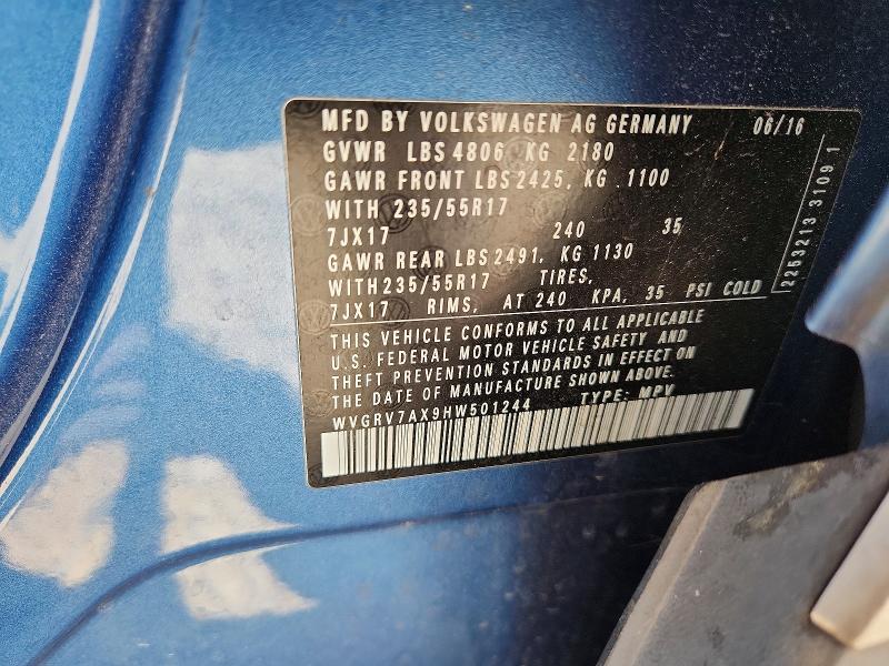 2017 Volkswagen Tiguan მანქანა იყიდება აუქციონზე, vin: WVGRV7AX9HW501244, აუქციონის ნომერი: 50142196