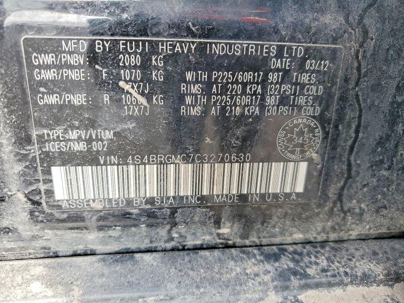 46153626 :رقم المزاد ، 4S4BRGMC7C3270630 vin ، 2012 Subaru Outback مزاد بيع