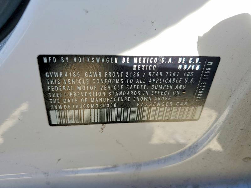 49394926 :رقم المزاد ، 3VWD67AJ6GM356358 vin ، 2016 Volkswagen Jetta مزاد بيع